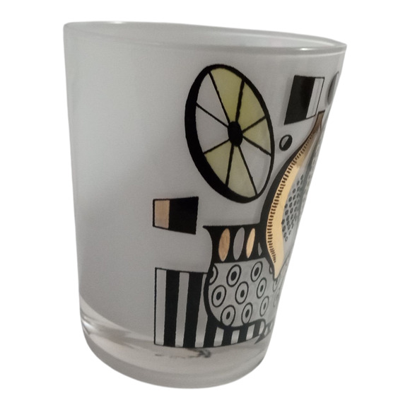 One Vtg MCM Georges Briard Fruit Black Gold Frosted Rocks Old Fashioned Lowball - Picture 2 of 10